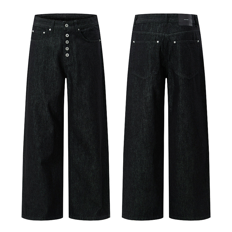 Men's High-Waisted Wide Denim Pants with Visible Button Placket and Extra Long Hem Mune Fashion