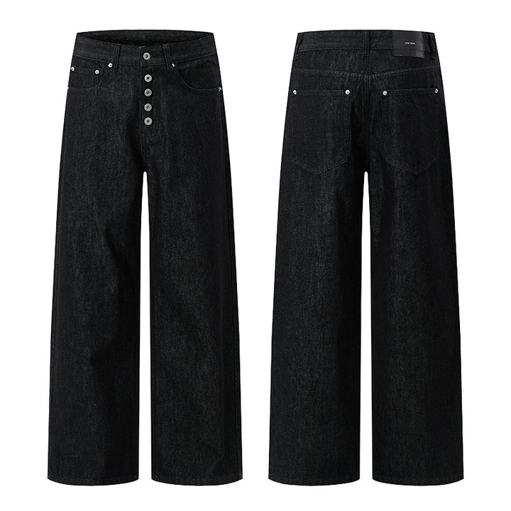 Men's High-Waisted Wide Denim Pants with Visible Button Placket and Extra Long Hem Mune Fashion