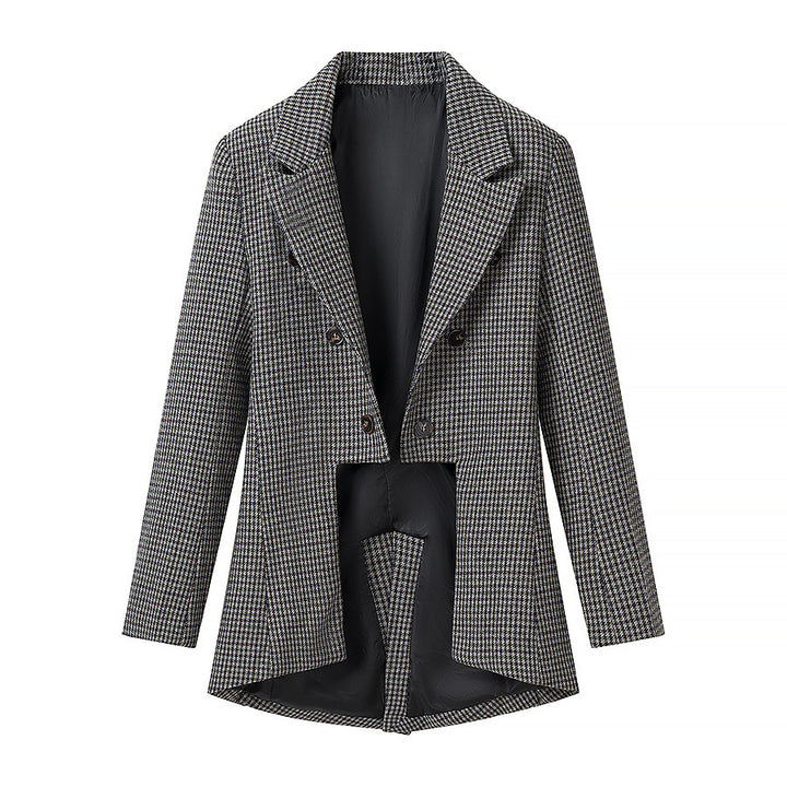 Women's Double-Breasted Houndstooth Blazer with Asymmetrical Tail Hem Mune Fashion