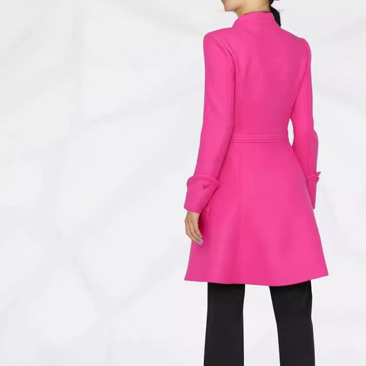 Women's Mid-Length A-Line Coat with Stand-Up Collar and Decorative Loop Closure Mune Fashion