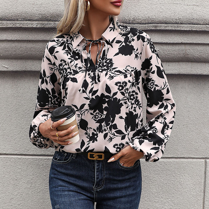 Women's Lightweight Viscose Fashion Blouse with Ties, Gathering, and Balloon Sleeves Mune Fashion