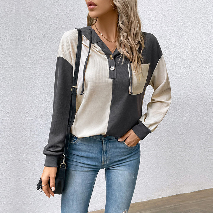 Women's Casual Hoodie Top with Button Placket and Color Block Design Mune Fashion