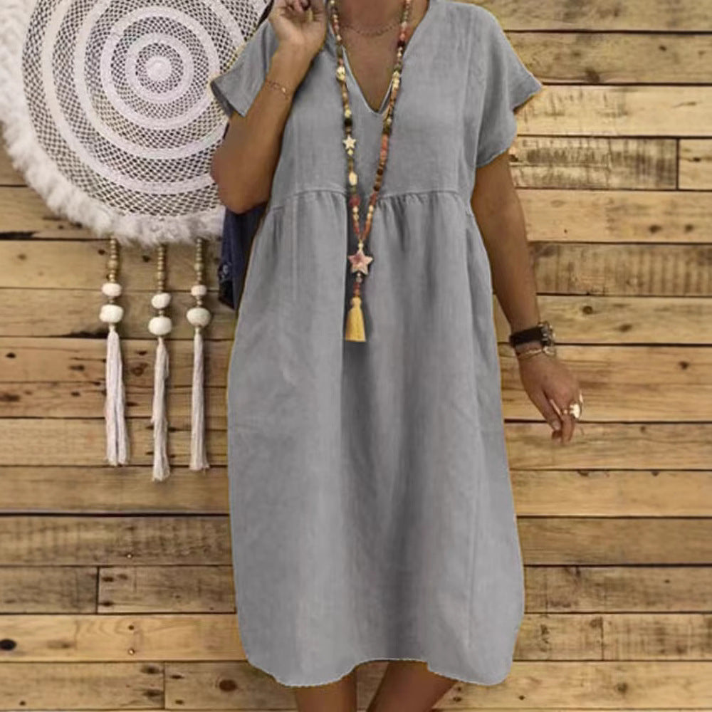 Women's Linen Maxi Dress with V-Neck and Ruffle Details Mune Fashion