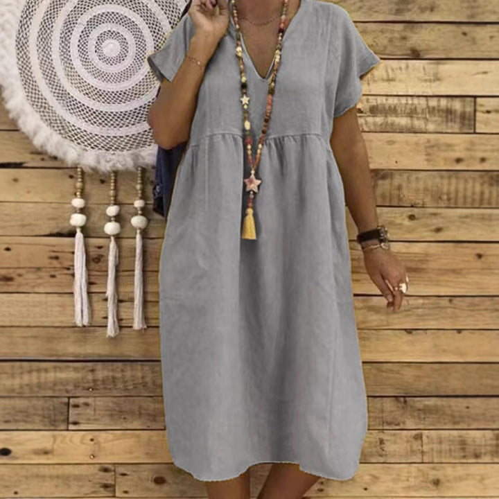 Women's Linen Maxi Dress with V-Neck and Ruffle Details Mune Fashion