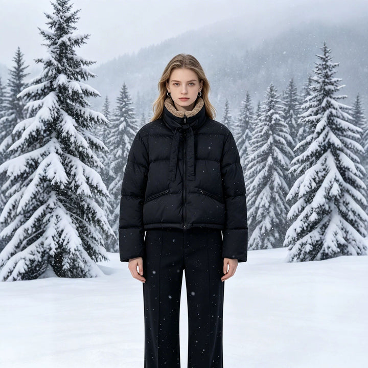 Women's cropped padded jacket with Sherpa collar, high-fitted stand-up collar and concealed zipper Mune Fashion