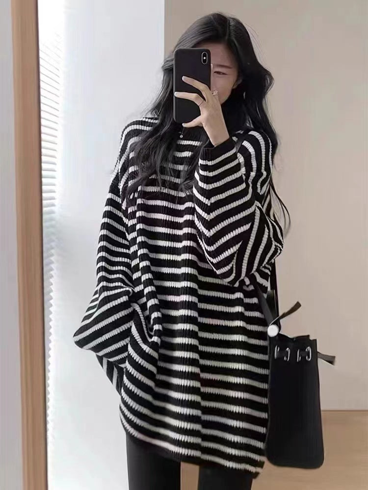 Women Oversize Knit Long Pullover with Horizontal Stripe Structure Mune Fashion