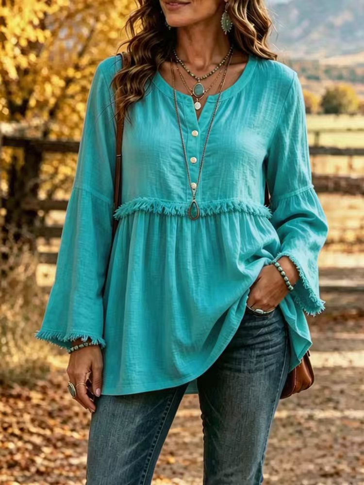 Women's Fringe Tunic Blouse with V-Neck and Bell Sleeves Mune Fashion