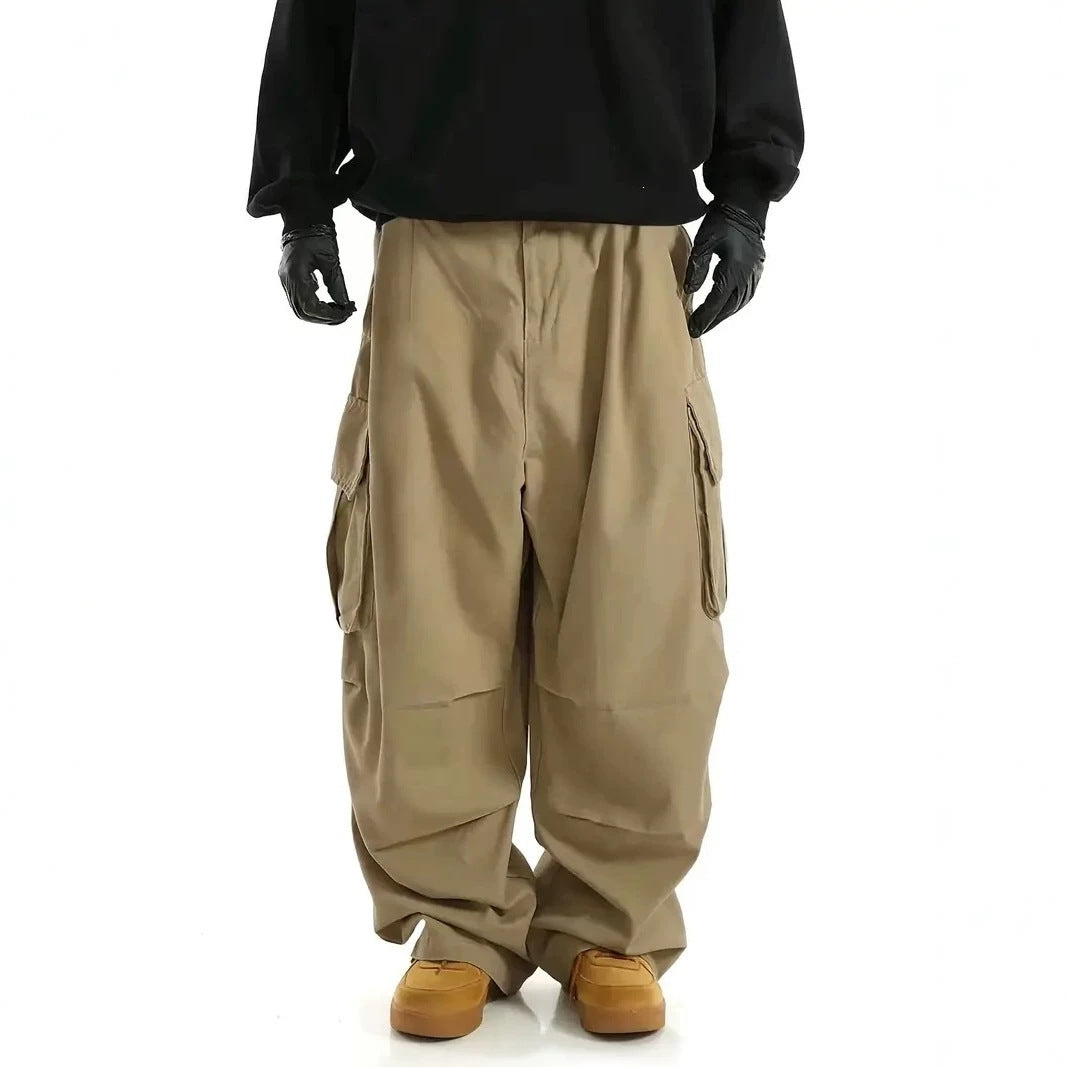 Men's Wide Baggy Utility Cargo Pants with Multi-Pockets and Low Crotch Mune Fashion