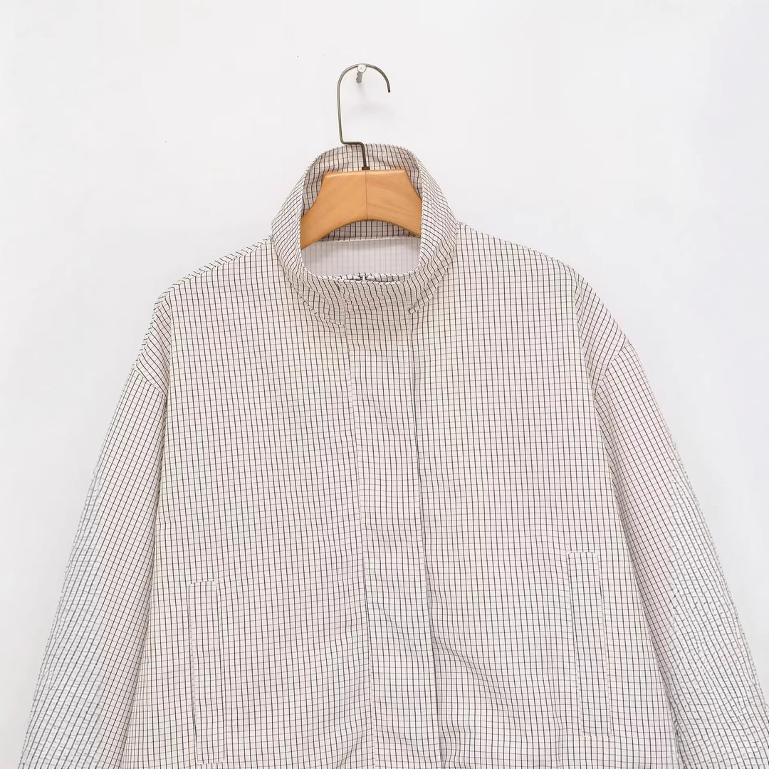 Women's Checked Cropped Jacket with Stand-up Collar, Drawstring and Concealed Zip Mune Fashion