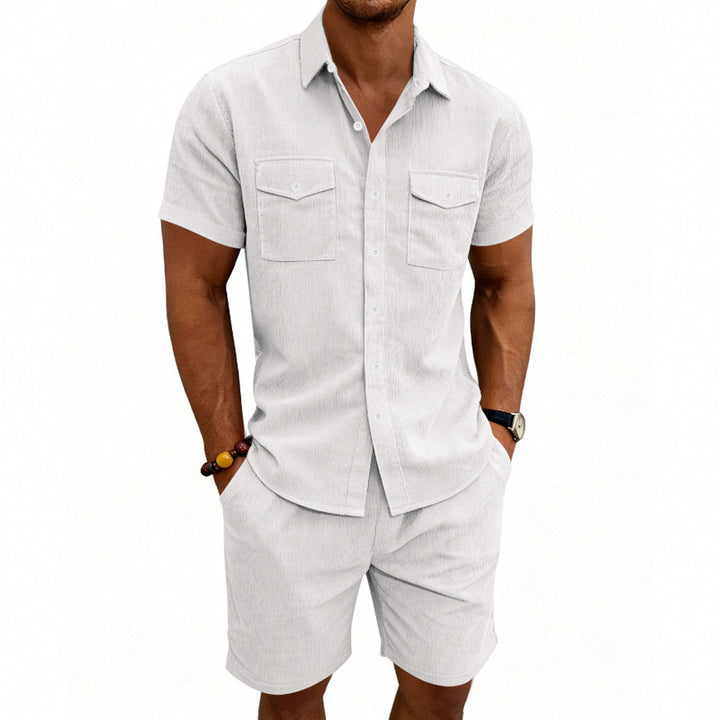 Men's structured cord leisure set with camp collar shirt and casual shorts Mune Fashion