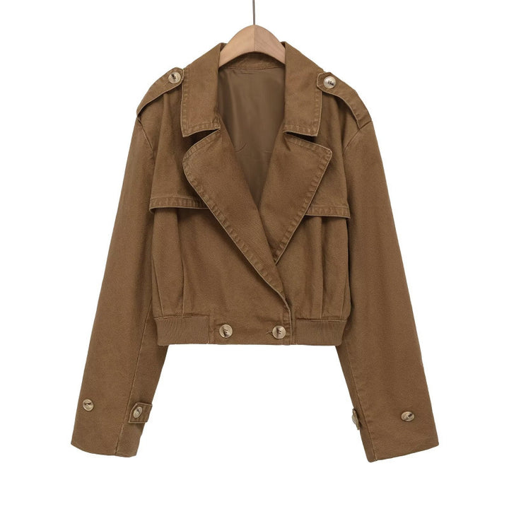 Women's Cropped Trench Blouson Jacket with double-breasted button placket, shoulder patches, and elastic hem Mune Fashion
