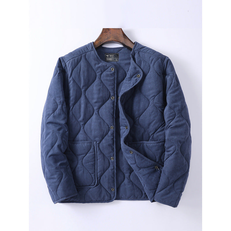 Men's Padded Quilted Jacket without Collar with Round Neck and Patch Pockets Mune Fashion