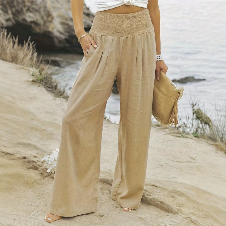 Women's Wide Linen Pants with Smocked Band and Side Pockets Mune Fashion