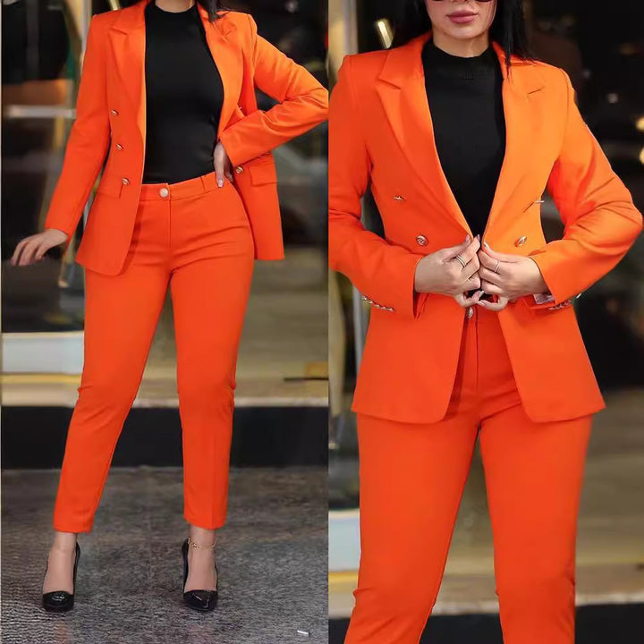 Women's tailored business pantsuit set with double-breasted blazer and tapered waistband pants Mune Fashion