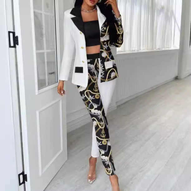 Women Asymmetric Houndstooth Tailoring Set with Two-Tone Half Detailing Mune Fashion