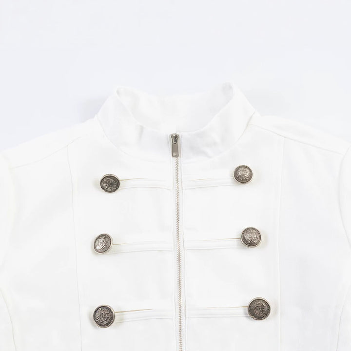 Women Tailored Military Jacket with Double-Breasted Decorative Buttons and Stand-Up Collar Mune Fashion