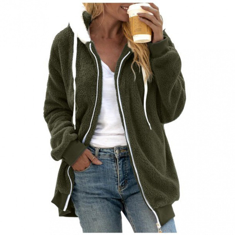 Women's Oversized Sherpa Zip Jacket with Contrast Collar, Ribbed Cuffs, and Drawstring Mune Fashion