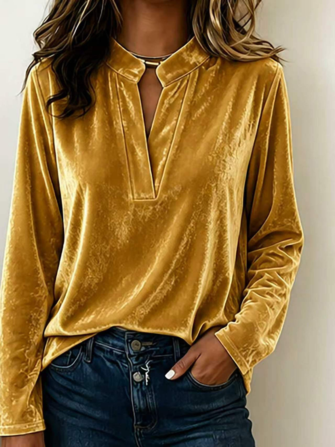 Women's velvet blouse with stand-up collar, deep V-neck and loose long sleeve cut Mune Fashion