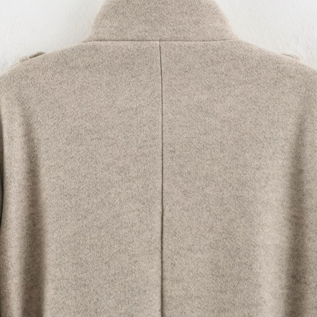 Women’s short trench coat made of wool blend with stand-up collar, epaulettes, and tie belt Mune Fashion