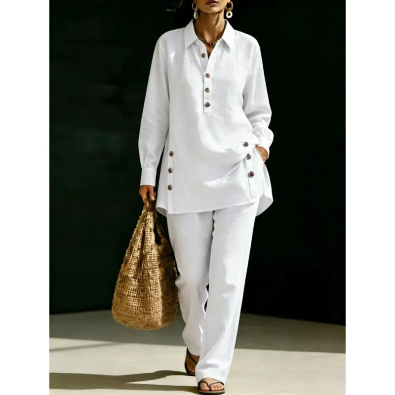 Women two-piece tunic set made of lightweight linen blend with shirt collar and side decorative buttons Mune Fashion