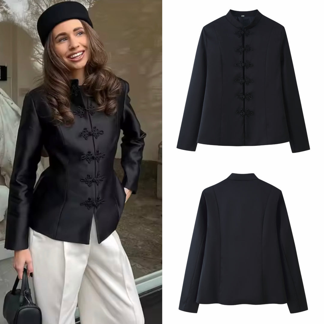 Women Chinese inspired jacket with stand-up collar and decorative knot closures Mune Fashion