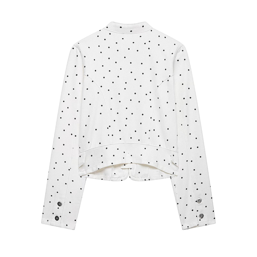 Women's Polka Dot Short Jacket with Stand Collar, Zipper and Flap Pockets Mune Fashion