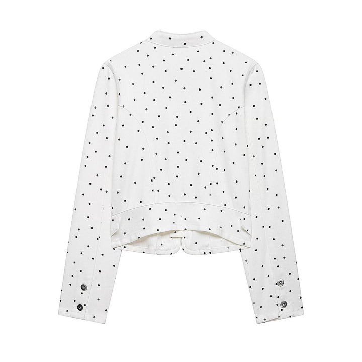 Women's Polka Dot Short Jacket with Stand Collar, Zipper and Flap Pockets Mune Fashion