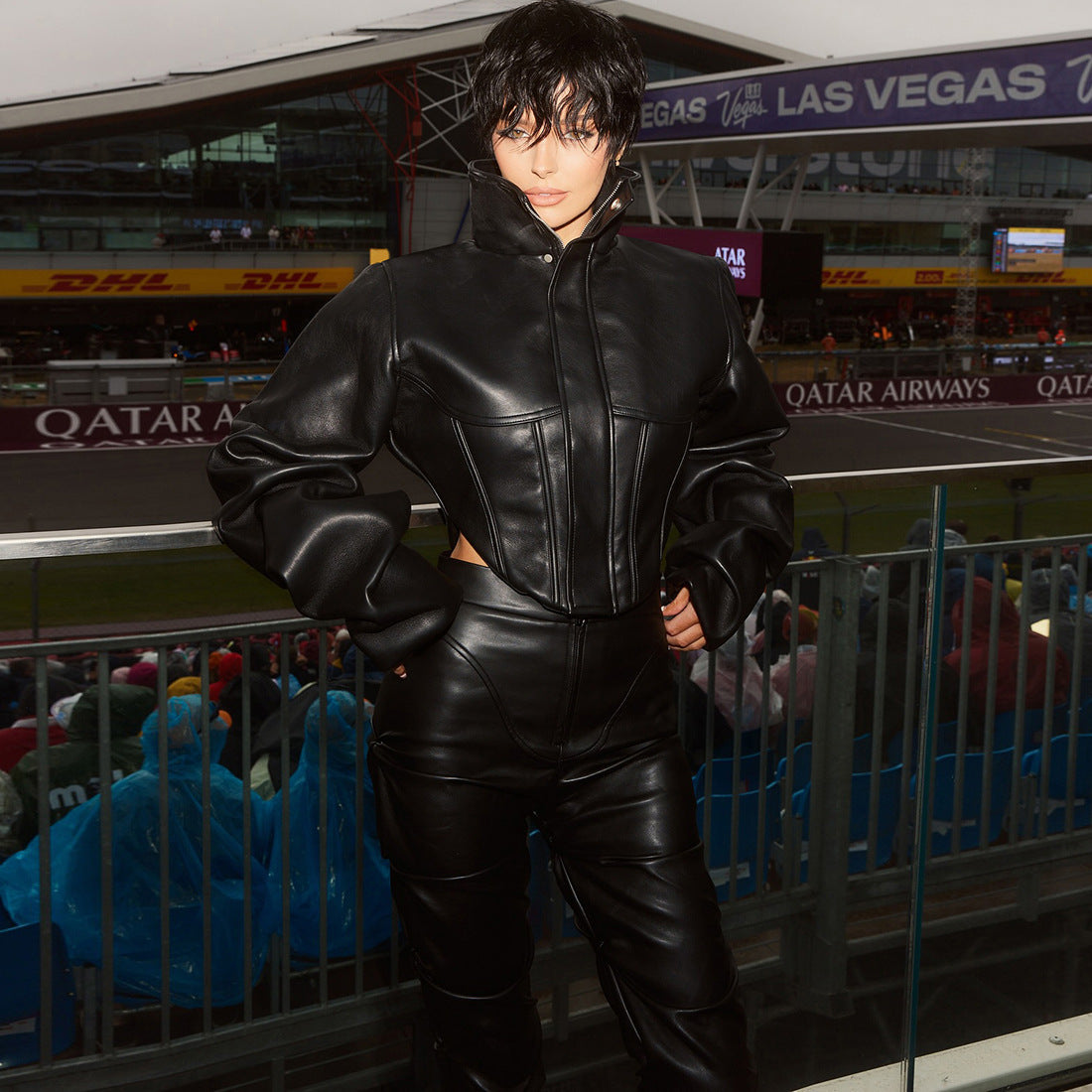 Women's Contoured Short Leather Jacket with High Stand Collar and Balloon Sleeves Mune Fashion