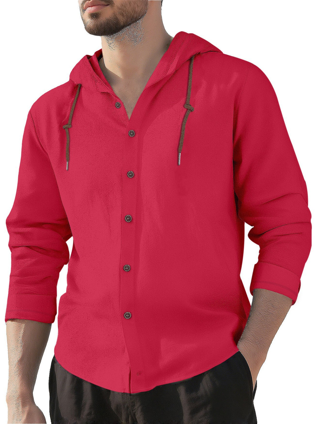 Men's hooded shirt in linen look with button placket and drawstring Mune Fashion