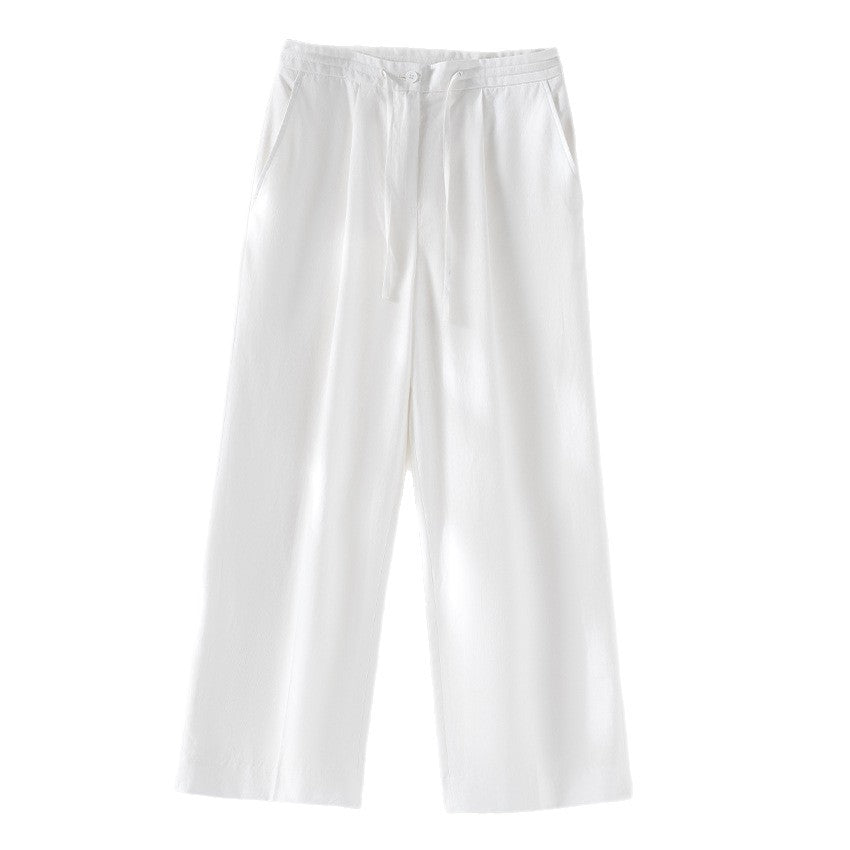 Ladies culotte-like linen trousers with drawstring, pleats and straight leg Mune Fashion