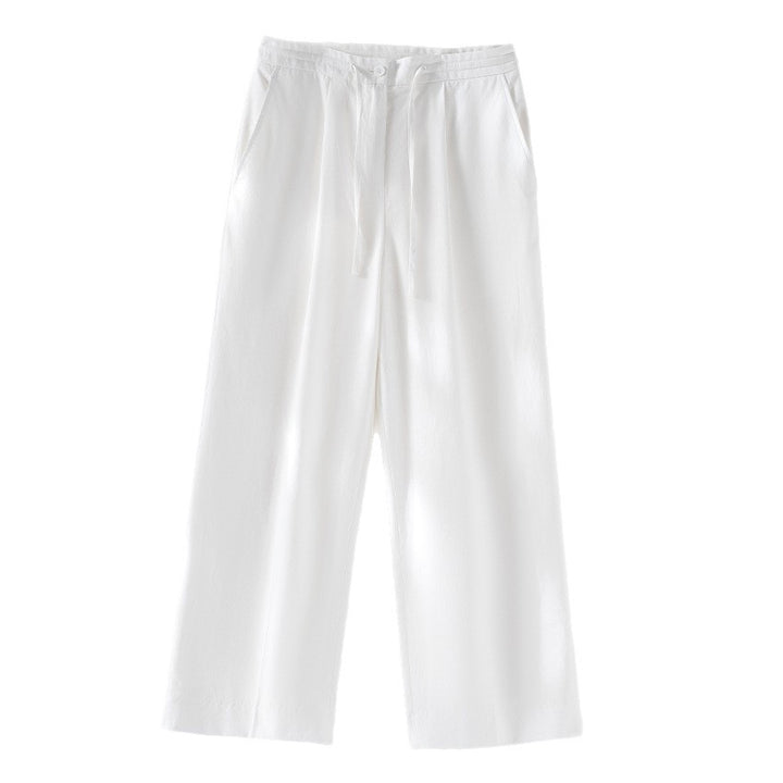 Ladies culotte-like linen trousers with drawstring, pleats and straight leg Mune Fashion