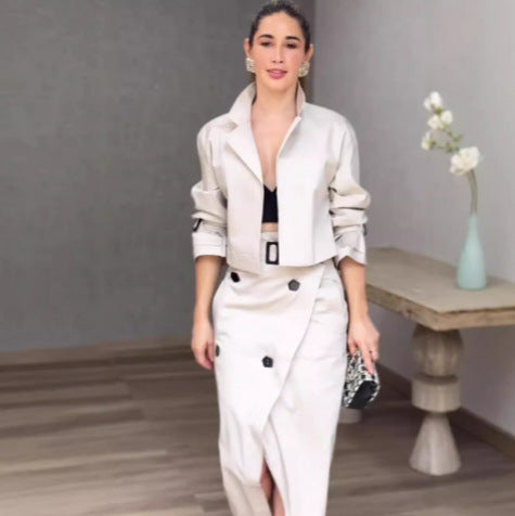 Women's Elegant Short Blazer Set with Fitted Wrap Pencil Skirt Mune Fashion