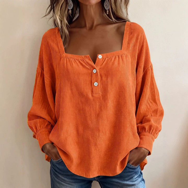 Women Long Sleeve Ribbed Structure Henley Shirt with Square Neckline Mune Fashion