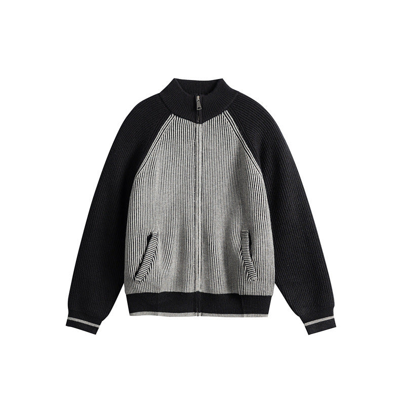 Unisex Knitted Zip Cardigan in Raglan Cut with High Stand-Up Collar and Rib Structure Mune Fashion