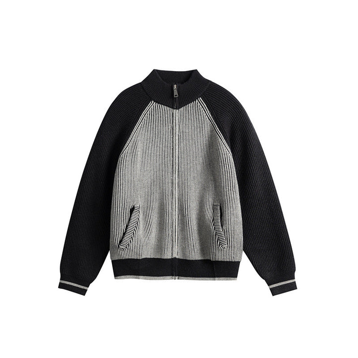 Unisex Knitted Zip Cardigan in Raglan Cut with High Stand-Up Collar and Rib Structure Mune Fashion