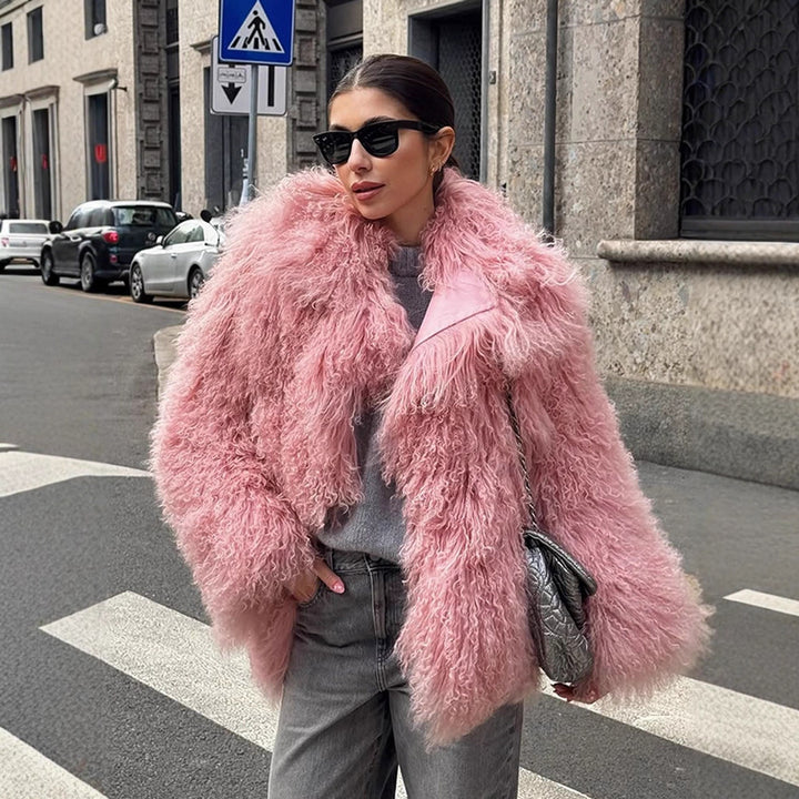 Women Short Cut Shaggy Faux Fur Coat with voluminous Shawl Collar and Oversized Silhouette Mune Fashion
