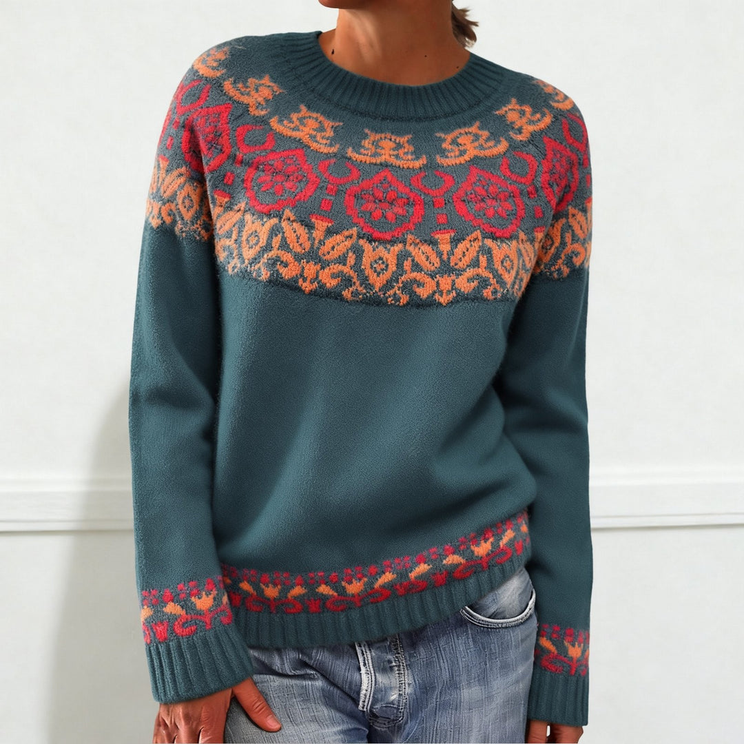 Women's Norwegian sweater made of wool blend with round neck and traditional Fair Isle yoke Mune Fashion