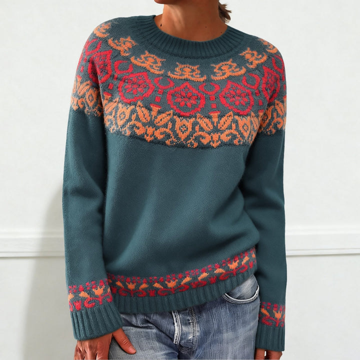 Women's Norwegian sweater made of wool blend with round neck and traditional Fair Isle yoke Mune Fashion