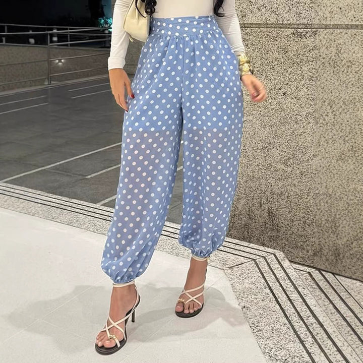 Women High-waisted Palazzo pants with elastic ankle cuffs and polka dot pattern Mune Fashion