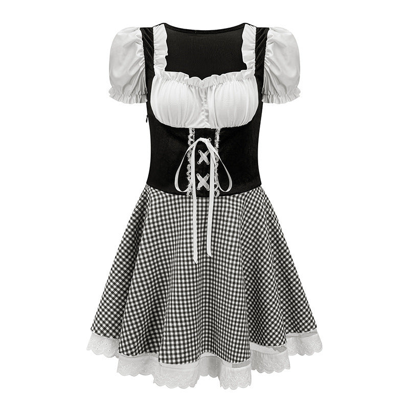 Women’s mini dirndl inspired by Bavarian style with laced bodice, puff sleeves, and checkered skirt Mune Fashion