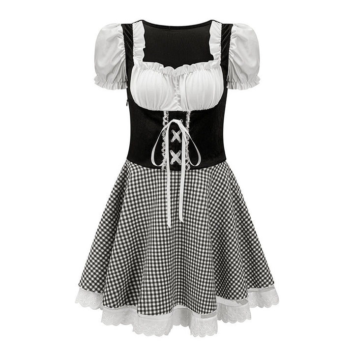 Women’s mini dirndl inspired by Bavarian style with laced bodice, puff sleeves, and checkered skirt Mune Fashion