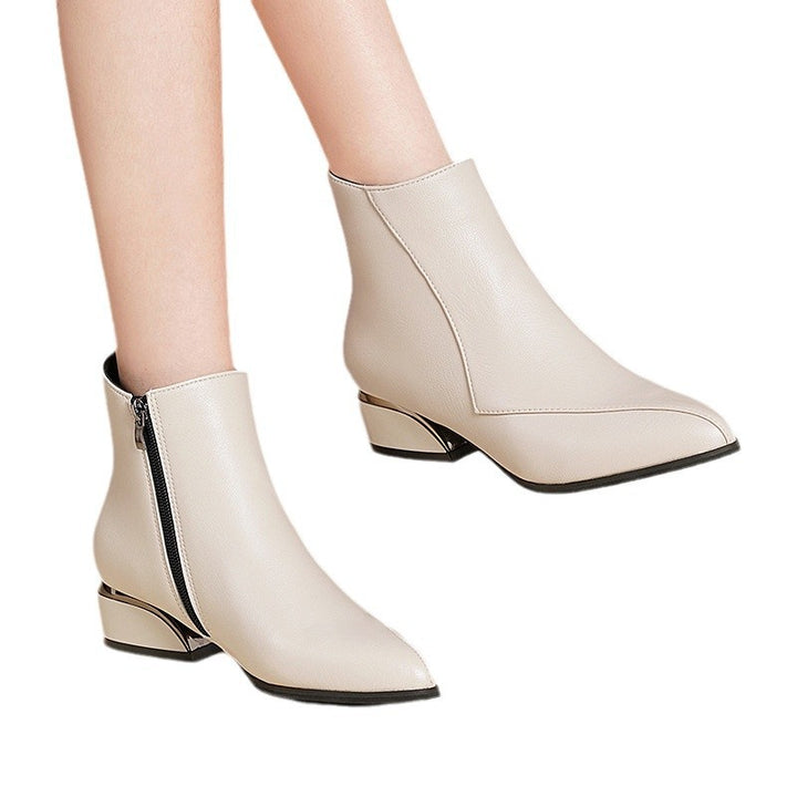Women's elegant short ankle boots with pointed toe, side zipper, and metallic block heel Mune Fashion