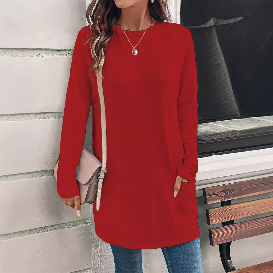 Women's loosely cut long tunic with round neckline, side pockets, and soft jersey Mune Fashion