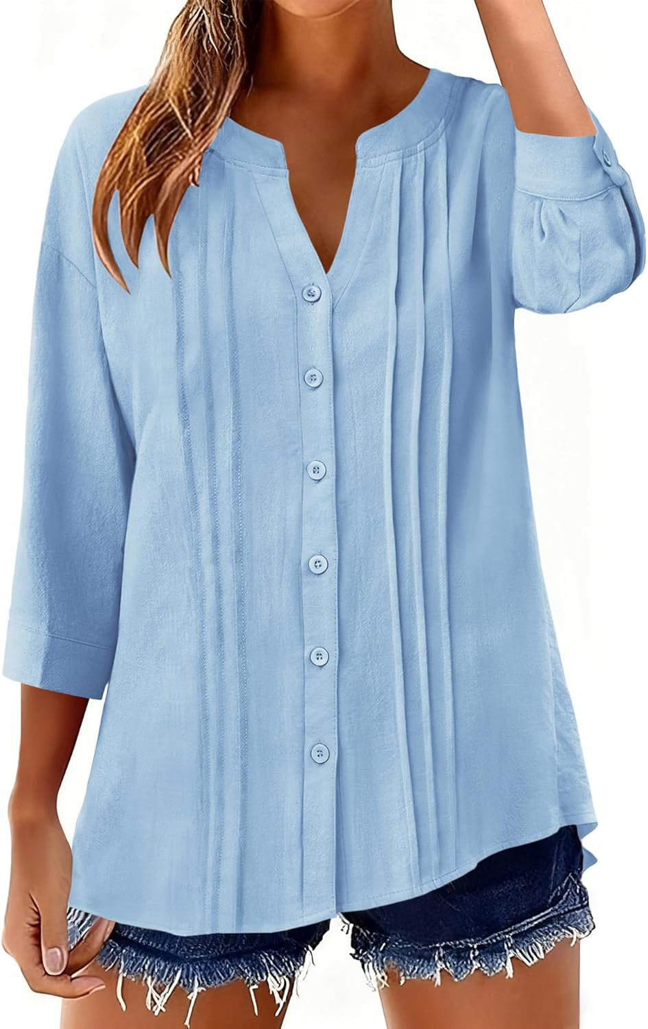 Women Loose Tunic Shirt with Pleats and Three-Quarter Sleeves Mune Fashion