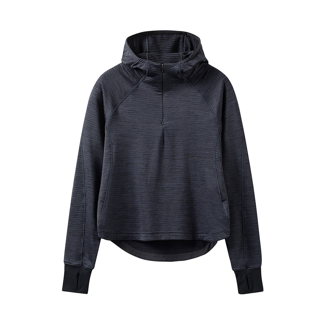 Women’s Hooded Half-Zip Pullover with Waffle-Lined Inner Hood, Thumbholes, and Extended Back Partie Mune Fashion