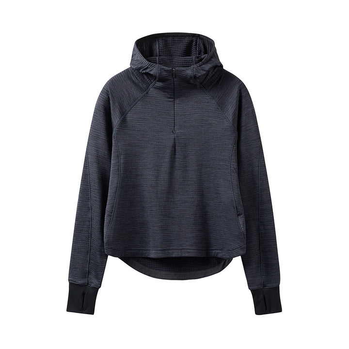Women’s Hooded Half-Zip Pullover with Waffle-Lined Inner Hood, Thumbholes, and Extended Back Partie Mune Fashion