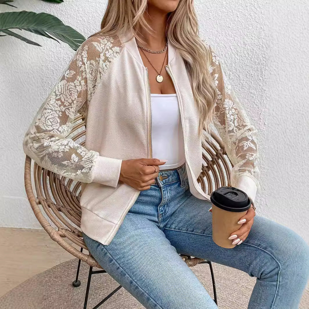 Women's lightweight bomber jacket with floral lace sleeves and zipper Mune Fashion