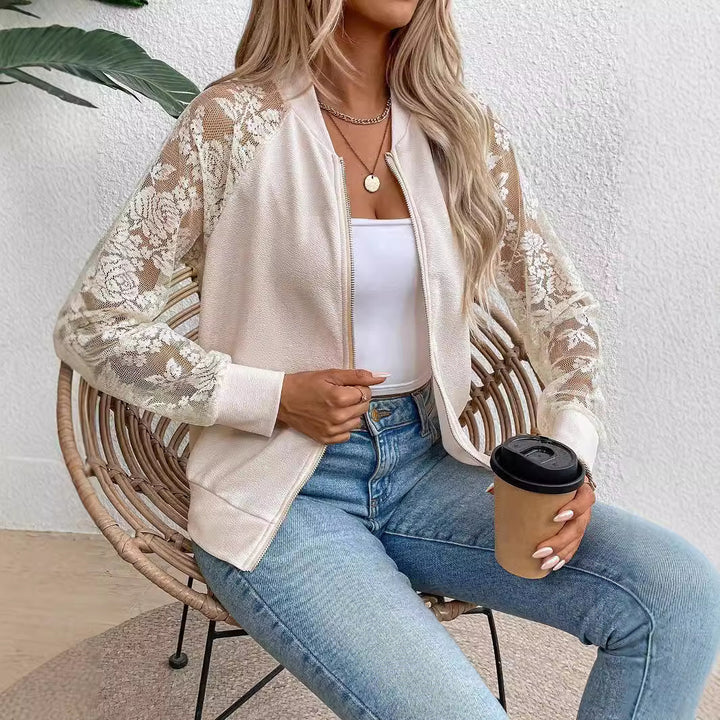 Women's lightweight bomber jacket with floral lace sleeves and zipper Mune Fashion