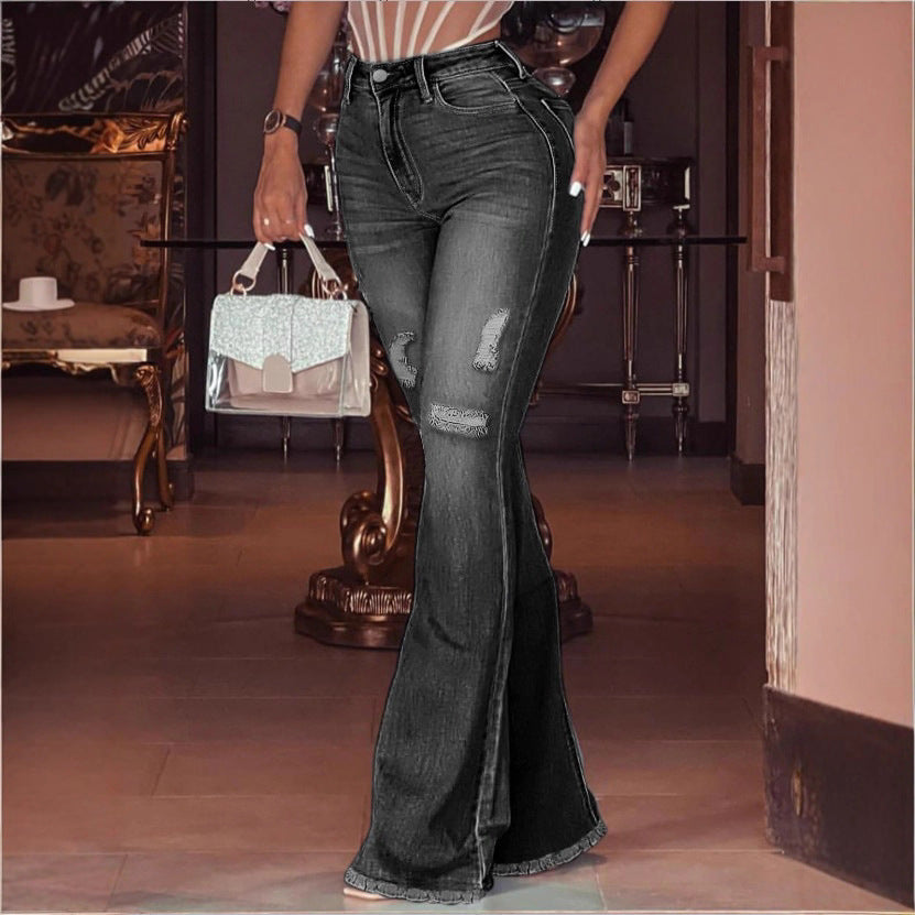 Women's High-Waisted Flared Jeans with Knee Rips, Frayed Hem and Flared Leg Mune Fashion