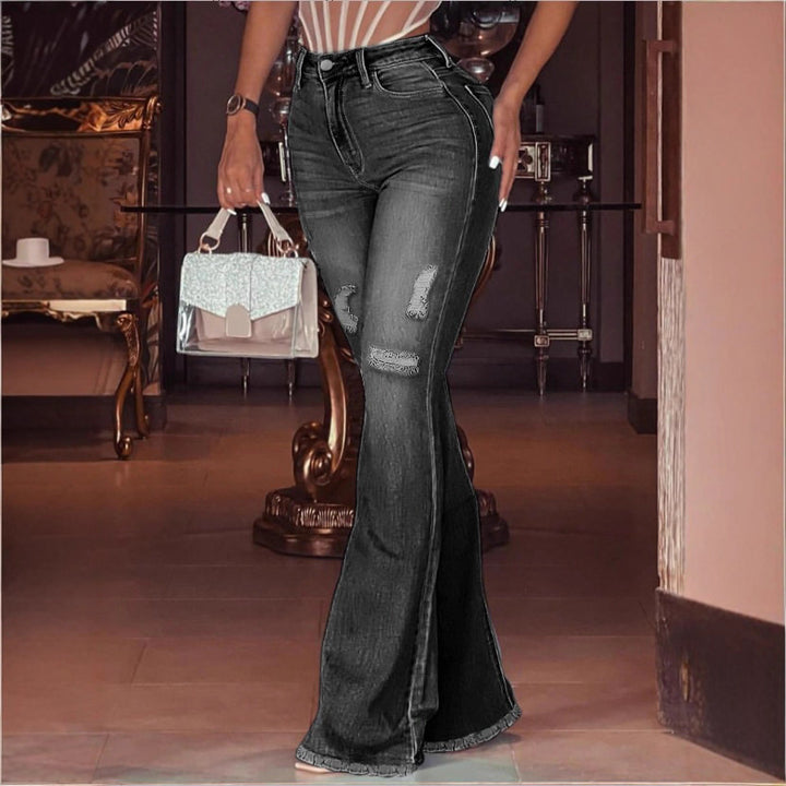 Women's High-Waisted Flared Jeans with Knee Rips, Frayed Hem and Flared Leg Mune Fashion
